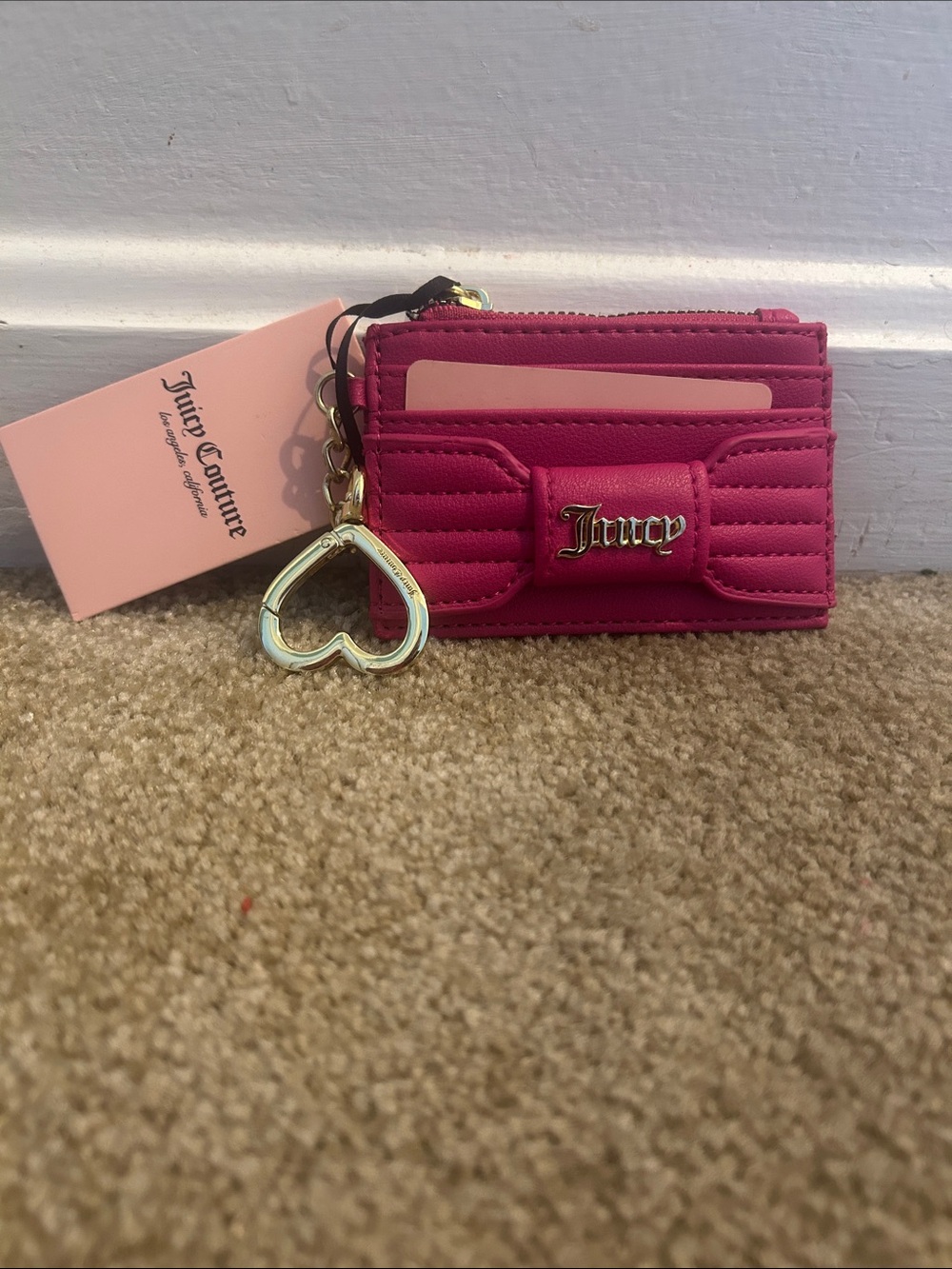 Juicy Couture Fuchsia Quilted Card Holder with Gold Heart Charm